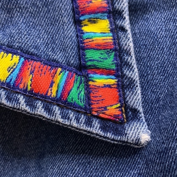 Vintage 90s denim button front sleeveless mini jean dress rainbow ribbon large - Picture 6 of 6